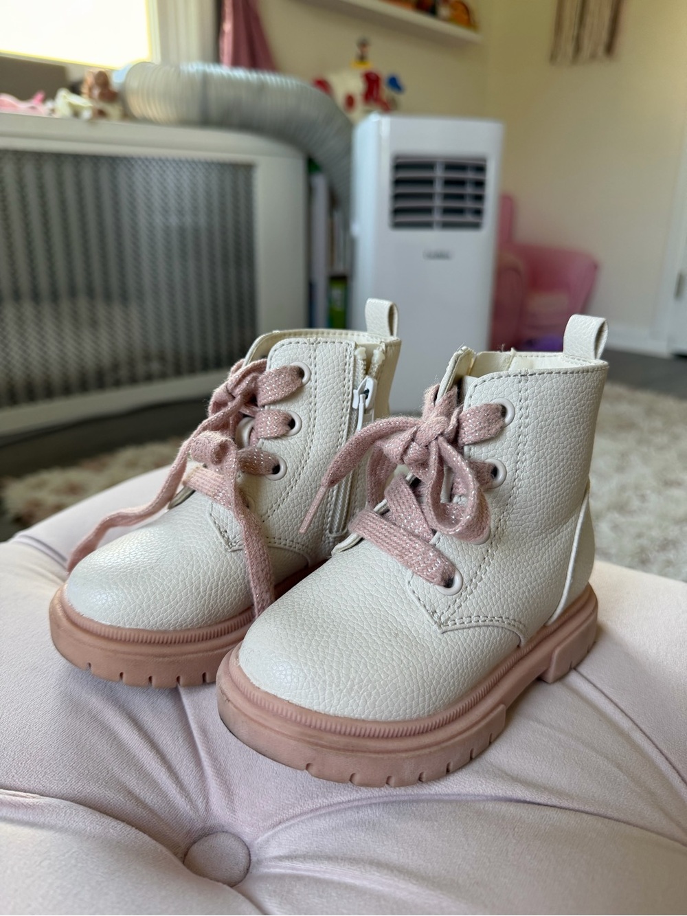 Cat & Jack Cream Ankle Boots with Pink Soles and Laces